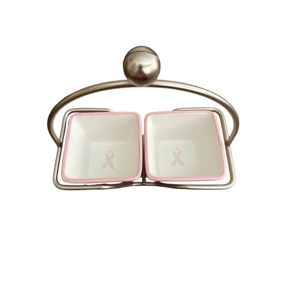 The Pampered Chef Silver Dish Caddy with 2 Pink Whip Breast Cancer Ribbon Bowls - Picture 1 of 4
